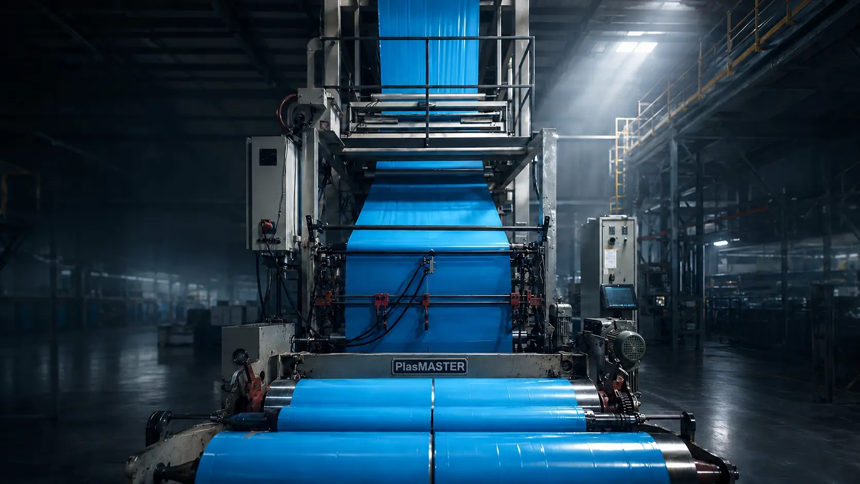 Extrusora industrial produzindo filme plástico azul em ambiente fabril.